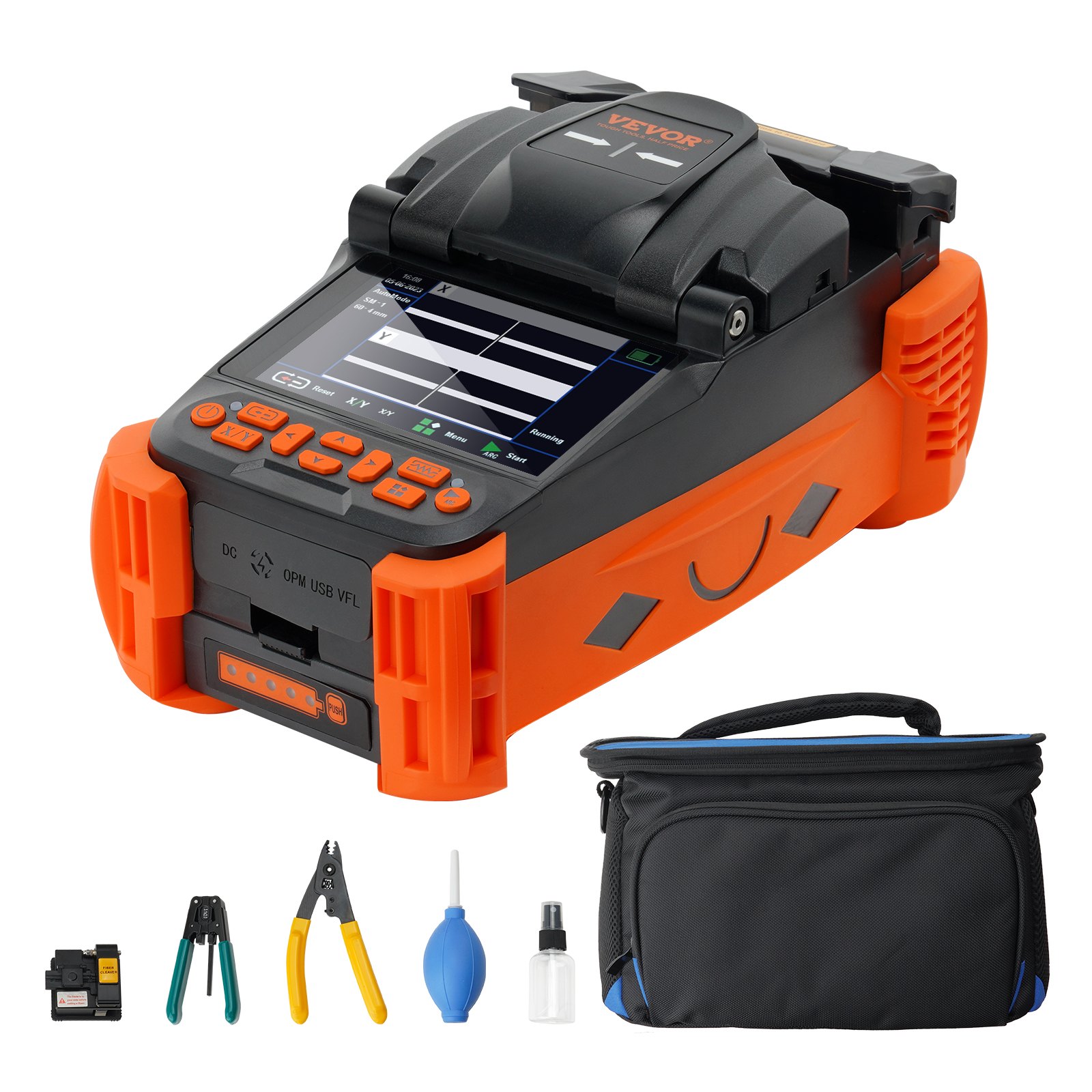 VEVOR Empalmador de fusión de fibra 4 motores, kit de empalmador de fusión de fibra óptica de alineación de núcleo con pantalla LCD digital de 4", soporte de fibra óptica 3 en 1, kit de cuchilla de fibra óptica de enfoque automático 9s empalme 9-25s calefacción