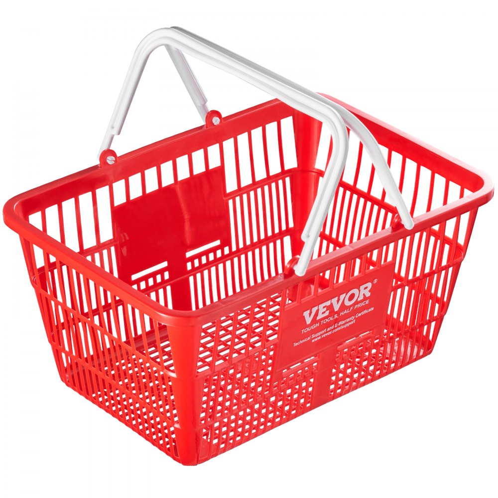 Cesta de compra VEVOR roja con asas blancas, diseñada para realizar compras cómodamente.