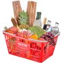 Cesta de supermercado roja VEVOR llena de frutas, verduras, pan, bebidas embotelladas y carnes envasadas.