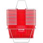 Cestas de supermercado rojas VEVOR apiladas en un soporte de metal, con un diseño duradero para las necesidades de compras.
