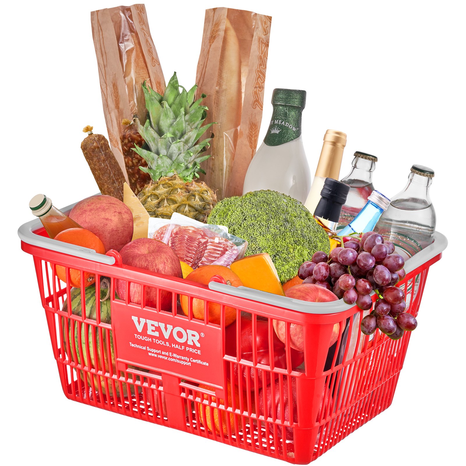 Cesta de supermercado roja VEVOR llena de frutas, verduras, pan, bebidas embotelladas y carnes envasadas.