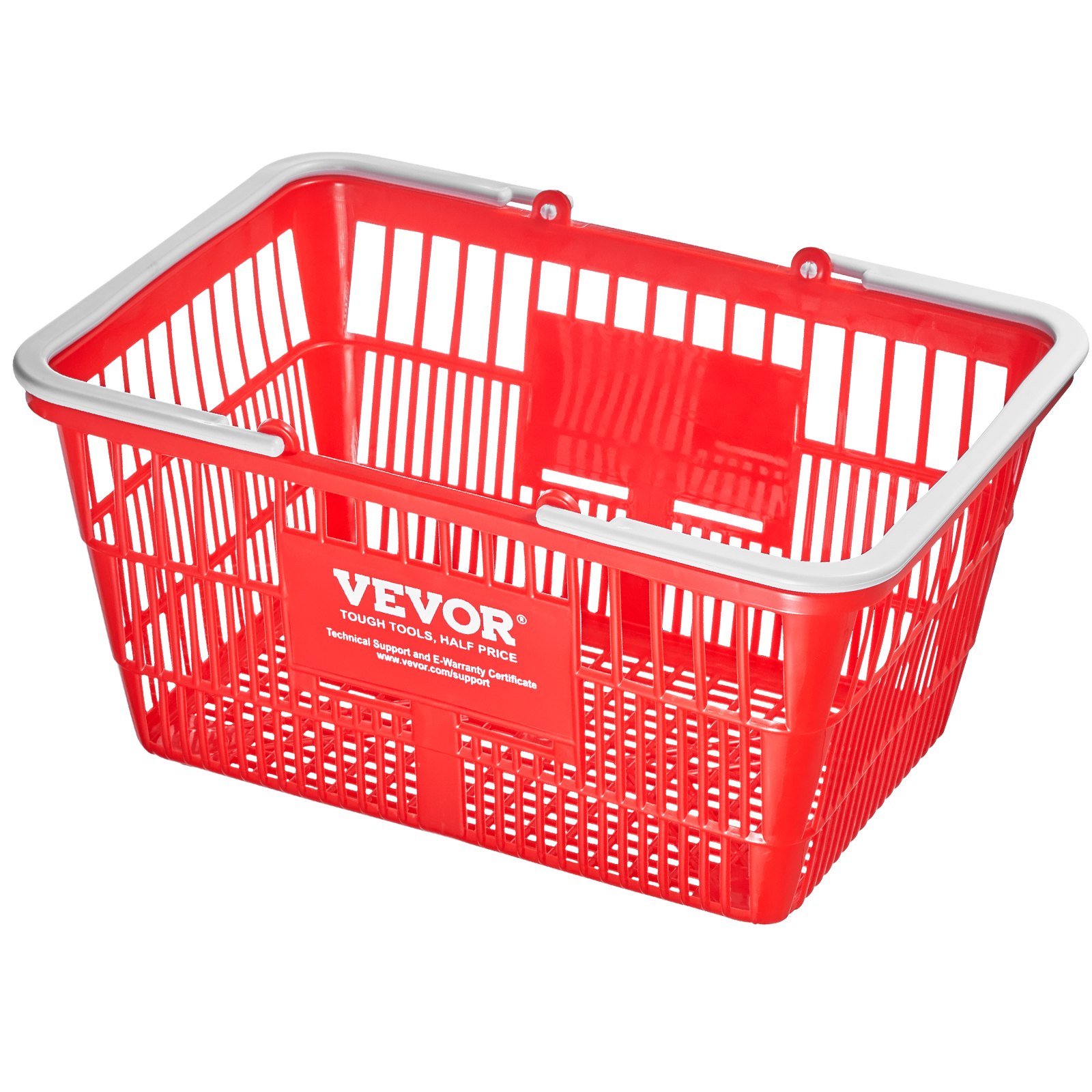 Cesta de compra roja VEVOR con asa blanca, con el logotipo de la marca y detalles del sitio web en el lateral.