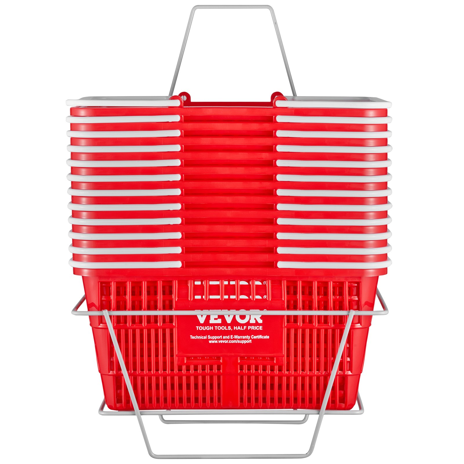 Cestas de supermercado rojas VEVOR apiladas en un soporte de metal, con un diseño duradero para las necesidades de compras.