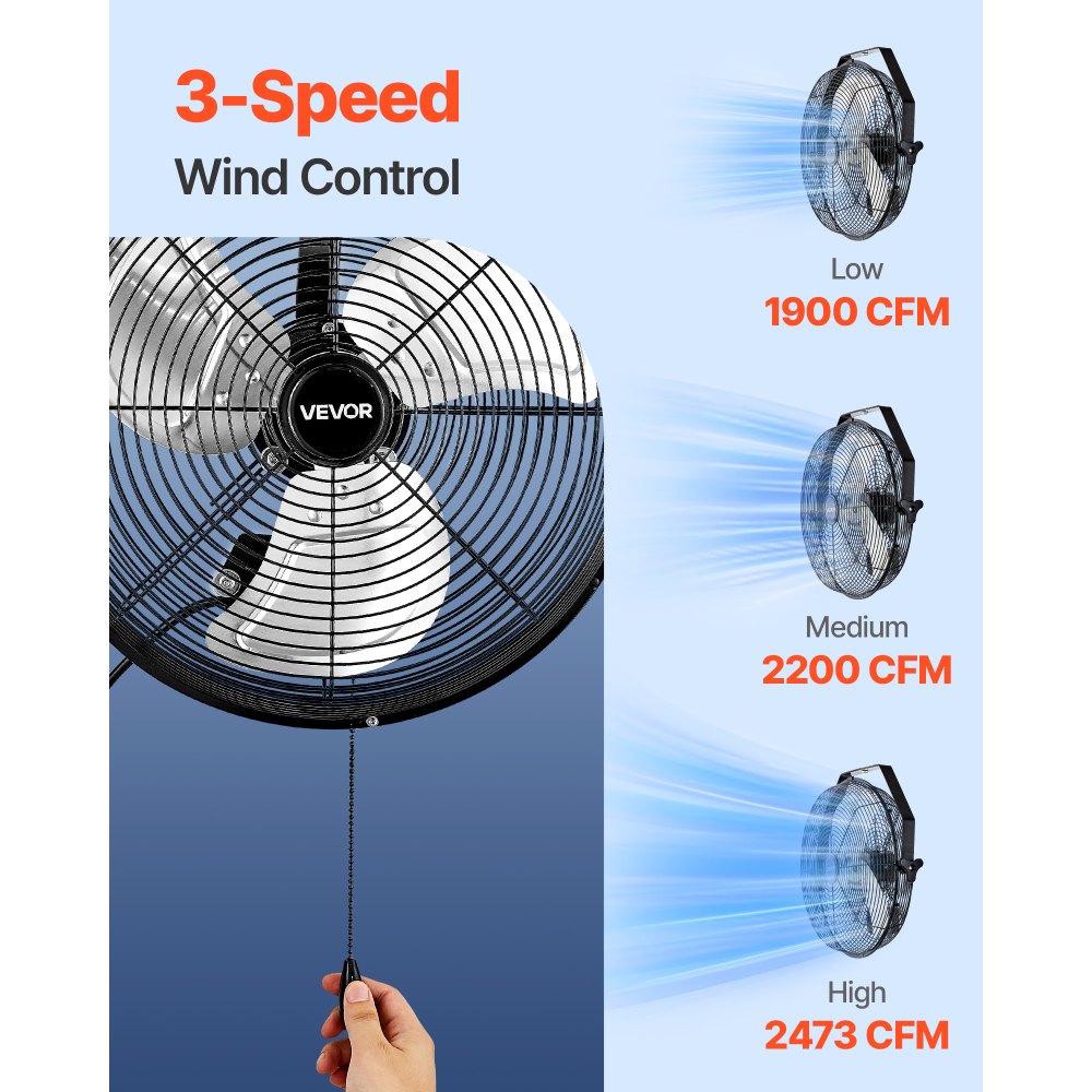 VEVOR 14 Inch Industrial Wall Mount Fan, High Velocity 2473 CFM Outdoor Fan with 3 Speeds, Waterproof IP44 Garage Wall Fan with Aluminum Blades for Workshop, Warehouse, Greenhouse