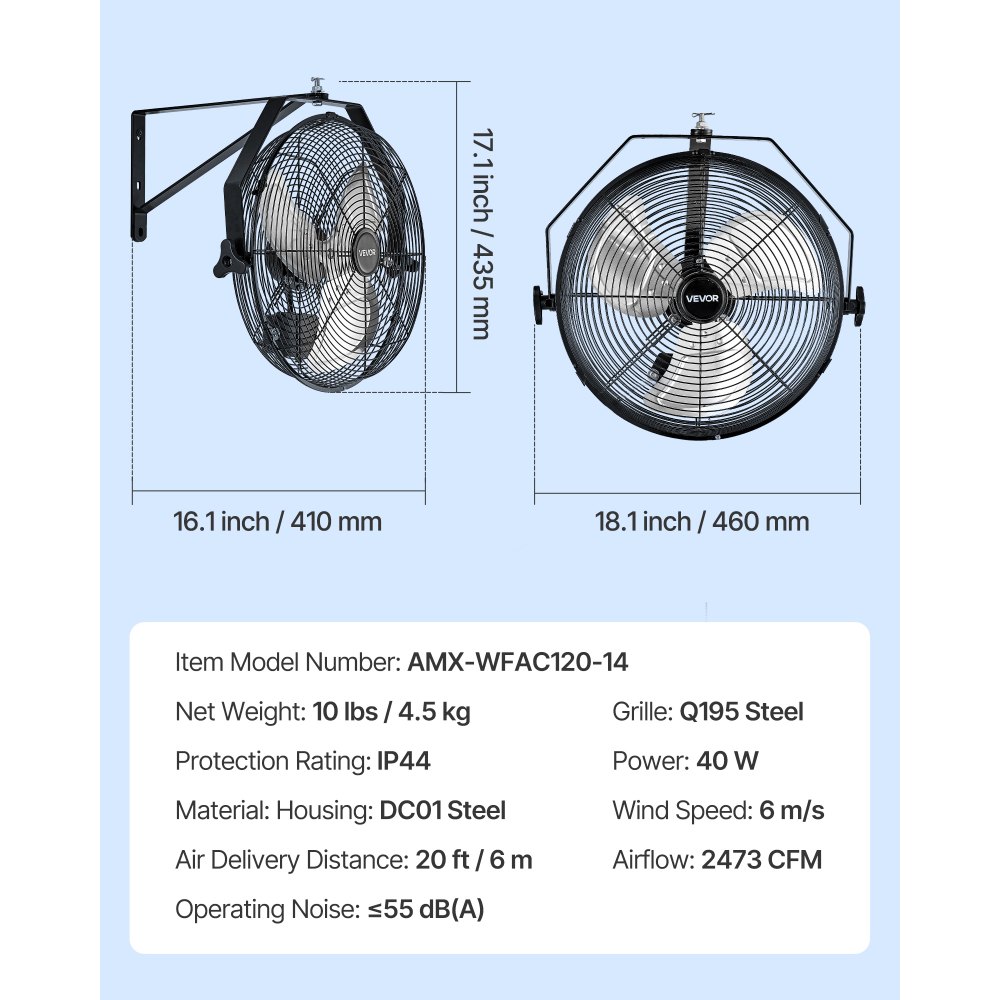 VEVOR 14 Inch Industrial Wall Mount Fan, High Velocity 2473 CFM Outdoor Fan with 3 Speeds, Waterproof IP44 Garage Wall Fan with Aluminum Blades for Workshop, Warehouse, Greenhouse