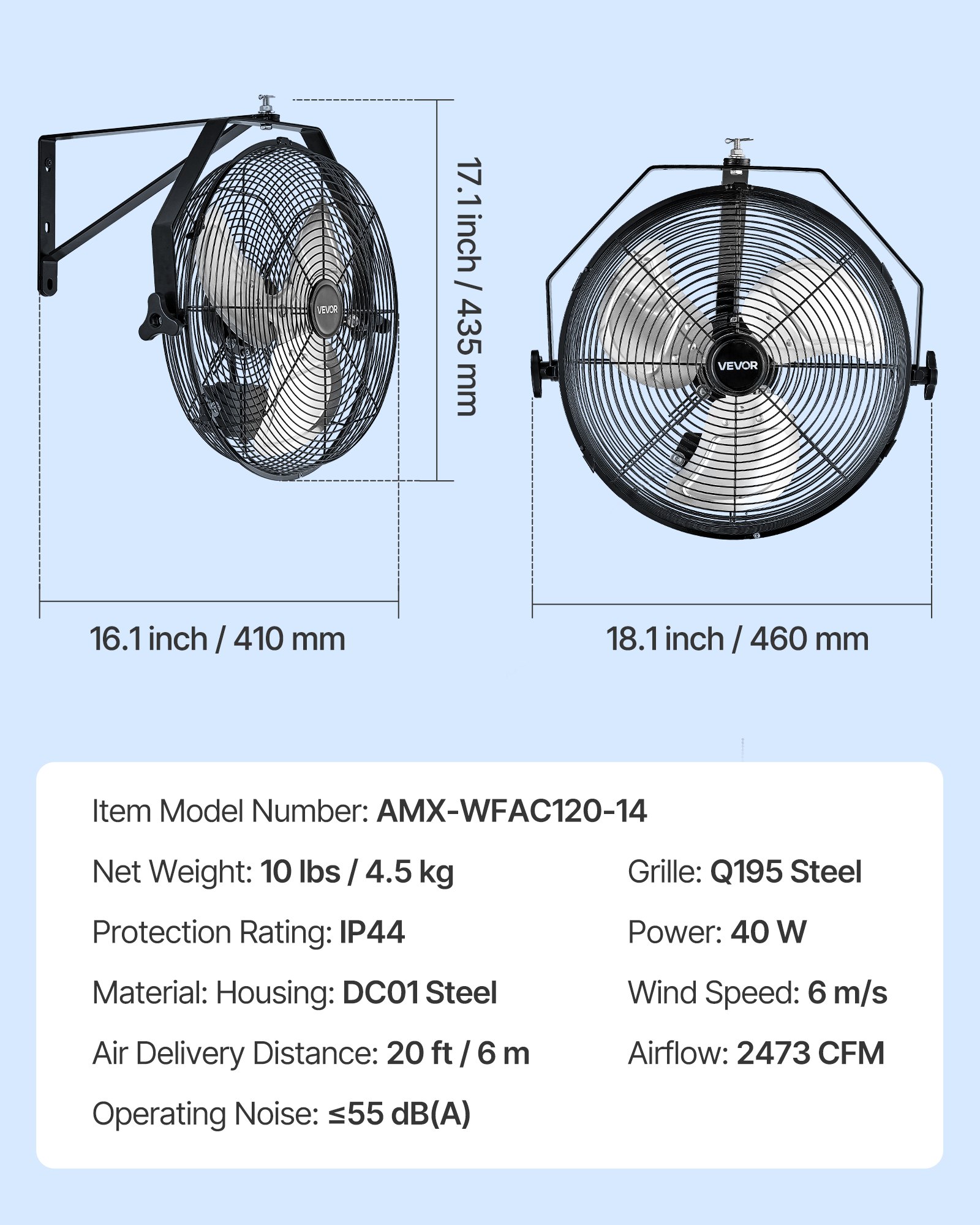 VEVOR 14 Inch Industrial Wall Mount Fan, High Velocity 2473 CFM Outdoor Fan with 3 Speeds, Waterproof IP44 Garage Wall Fan with Aluminum Blades for Workshop, Warehouse, Greenhouse