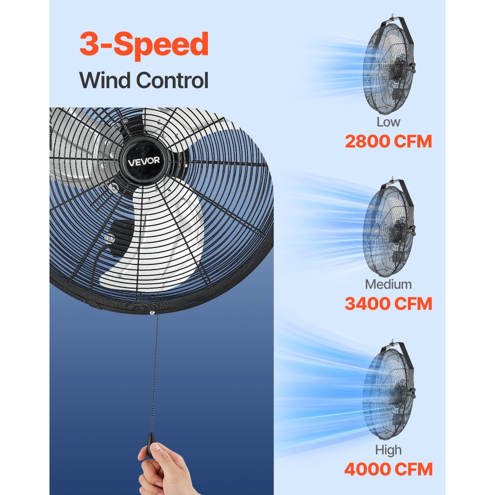 VEVOR Ventilador de pared industrial de 18 pulgadas, ventilador interior de alta velocidad de 4000 CFM con 3 velocidades, potente motor para garaje con aspas de aluminio para taller, almacén, invernadero y uso comercial.