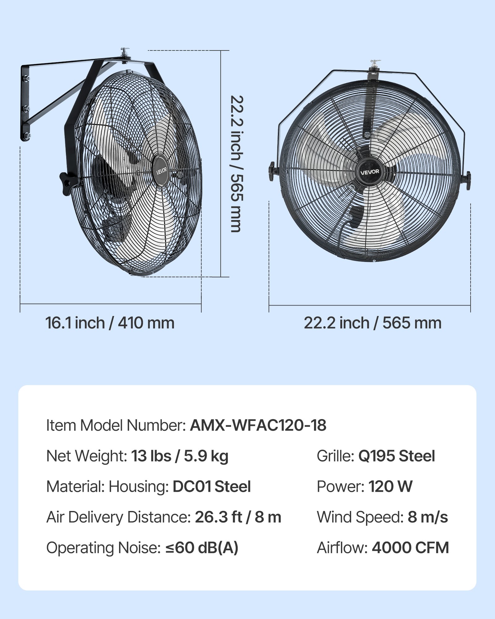 VEVOR Ventilador de pared industrial de 18 pulgadas, ventilador interior de alta velocidad de 4000 CFM con 3 velocidades, potente motor para garaje con aspas de aluminio para taller, almacén, invernadero y uso comercial.