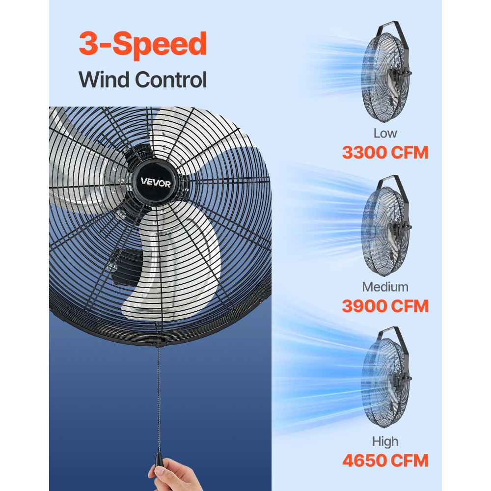 VEVOR Ventilador de pared industrial de 20 pulgadas, ventilador interior de alta velocidad de 4650 CFM con 3 velocidades, potente motor para garaje con aspas de aluminio para taller, almacén, invernadero y uso comercial.