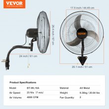 Ventilador de montaje en pared VEVOR, 2 piezas oscilantes de 18 pulgadas, 3 velocidades de alta velocidad máx. Ventilador de pared industrial de 4000 CFM para interior, comercial, residencial, almacén, invernadero, taller, sótano, garaje, negro