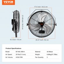 VEVOR Ventilador de pared, 2 piezas, 18 pulgadas, ajuste manual de inclinación de 360 grados, 3 velocidades, alta velocidad, máx. 4000 CFM, ventilador de pared industrial para interiores, comerciales, almacenes, talleres, sótanos y garajes