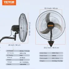 Ventilador de montaje en pared VEVOR, 20 pulgadas, 3 velocidades de alta velocidad máx. Ventilador de pared industrial oscilante de 4650 CFM, comercial o residencial para almacén, invernadero, taller, patio, sótano, negro, listado ETL