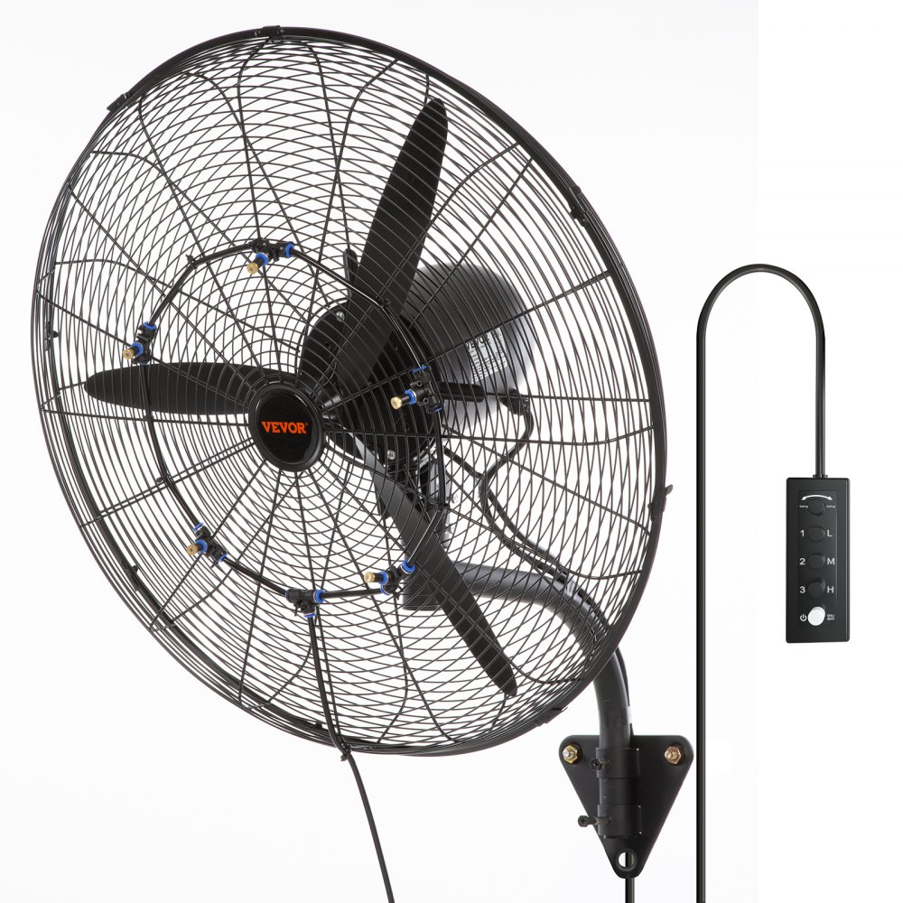 Ventilador nebulizador de montaje en pared VEVOR con control remoto, aspas negras y soporte de montaje seguro.