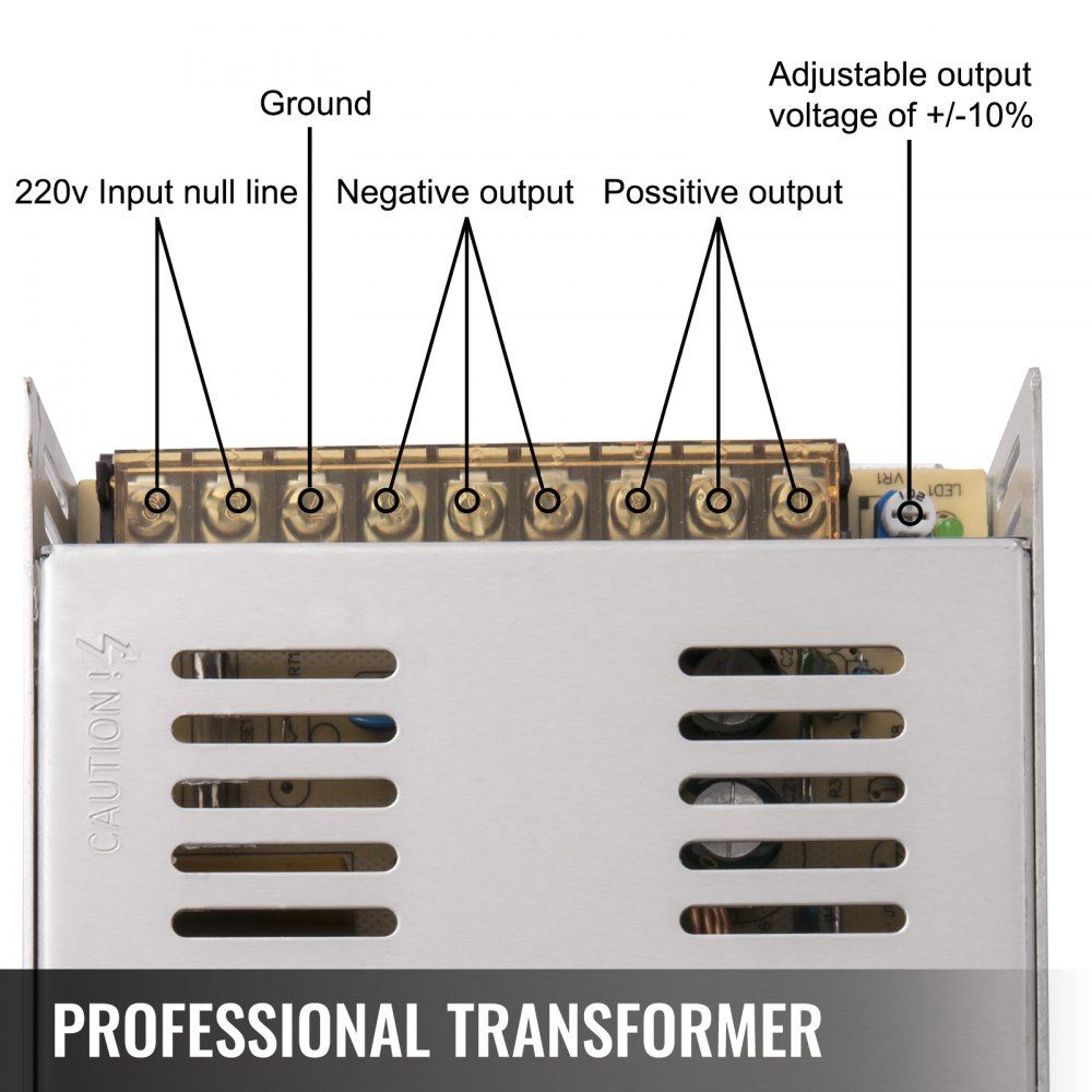 Transformador profesional con terminales de entrada/salida etiquetados y voltaje ajustable.