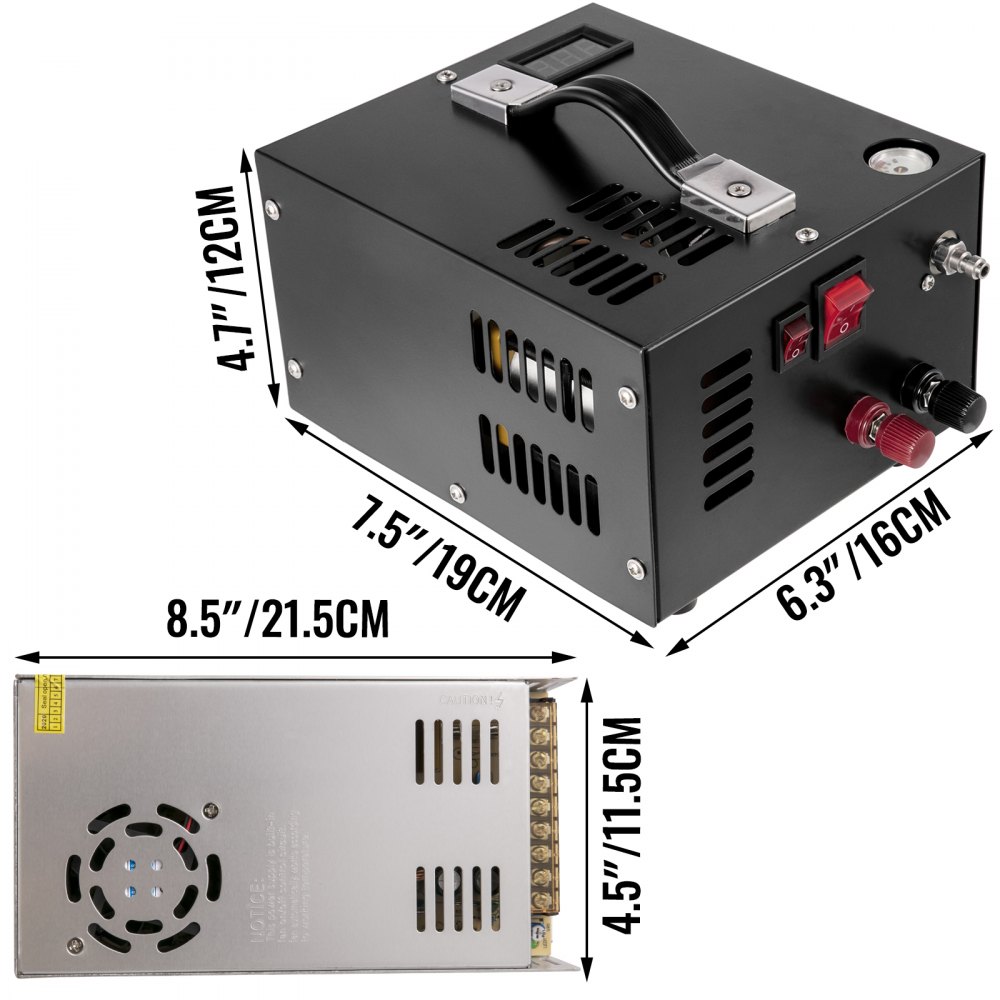 Compresor de aire PCP VEVOR compacto con dimensiones de 7,5&quot; x 6,3&quot; x 4,7&quot;.