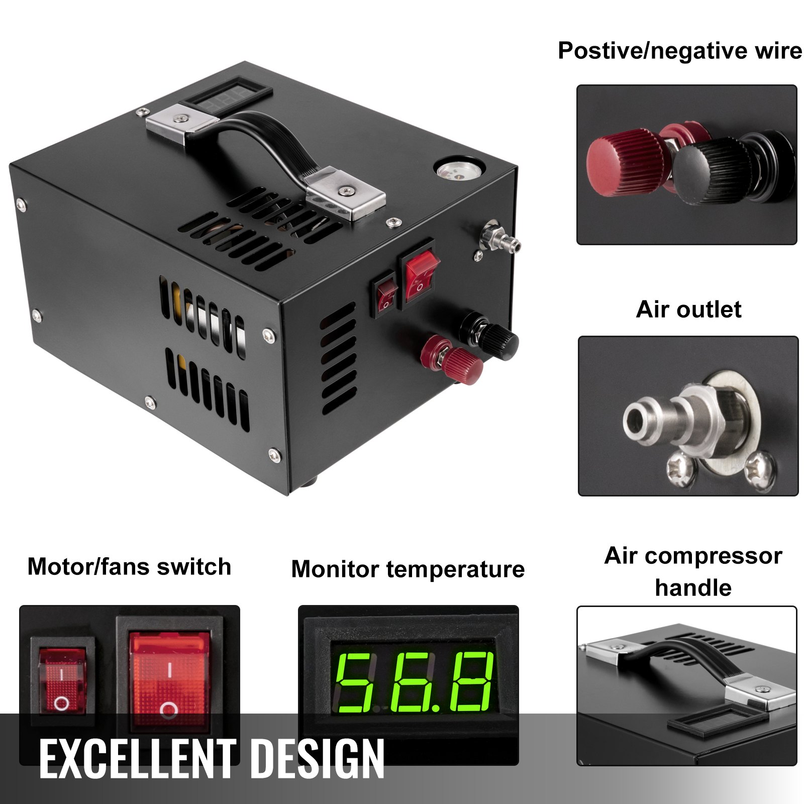 Compresor de aire pcp VEVOR con salida de aire, monitor de temperatura, manija e interruptores.