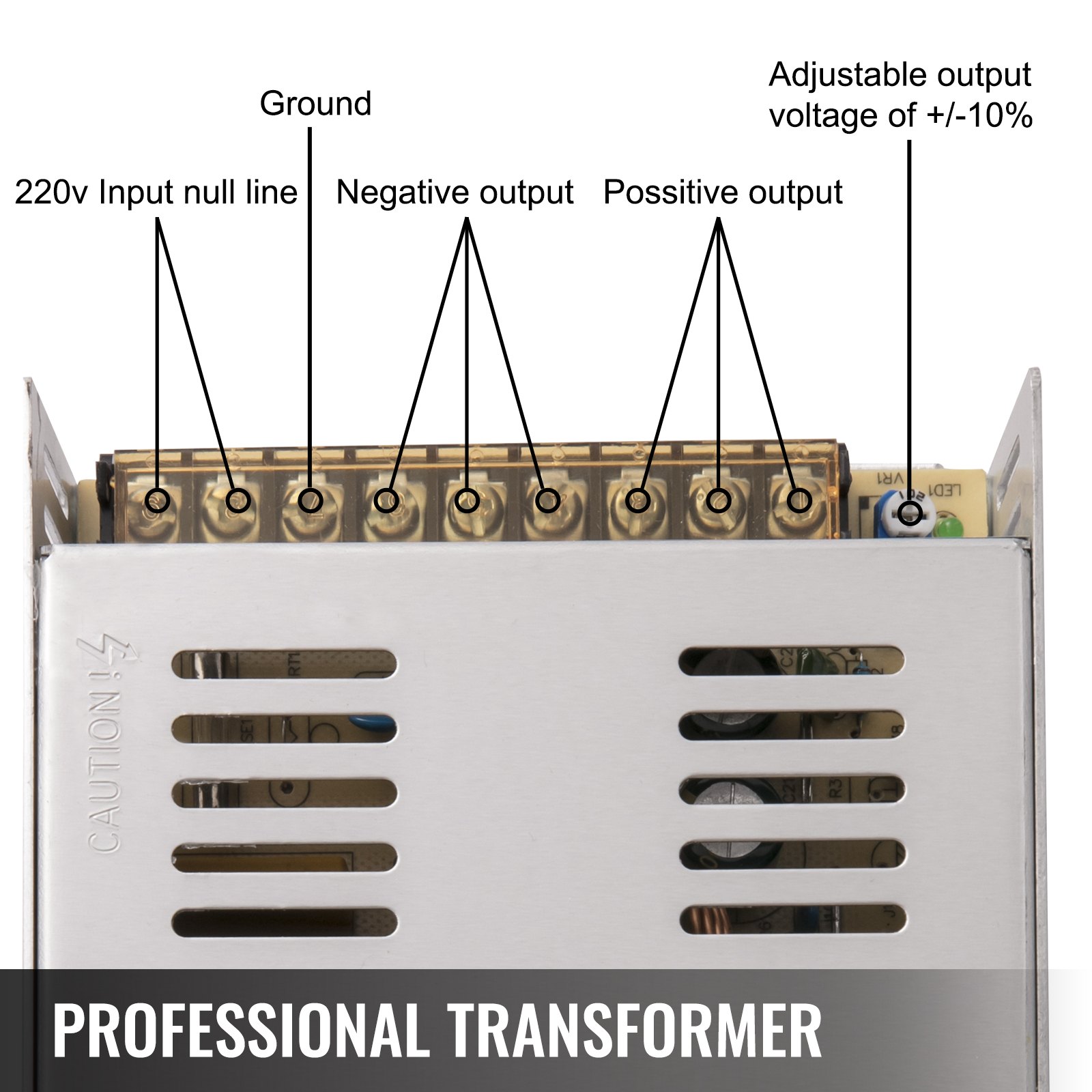 Transformador profesional con terminales de entrada/salida etiquetados y voltaje ajustable.