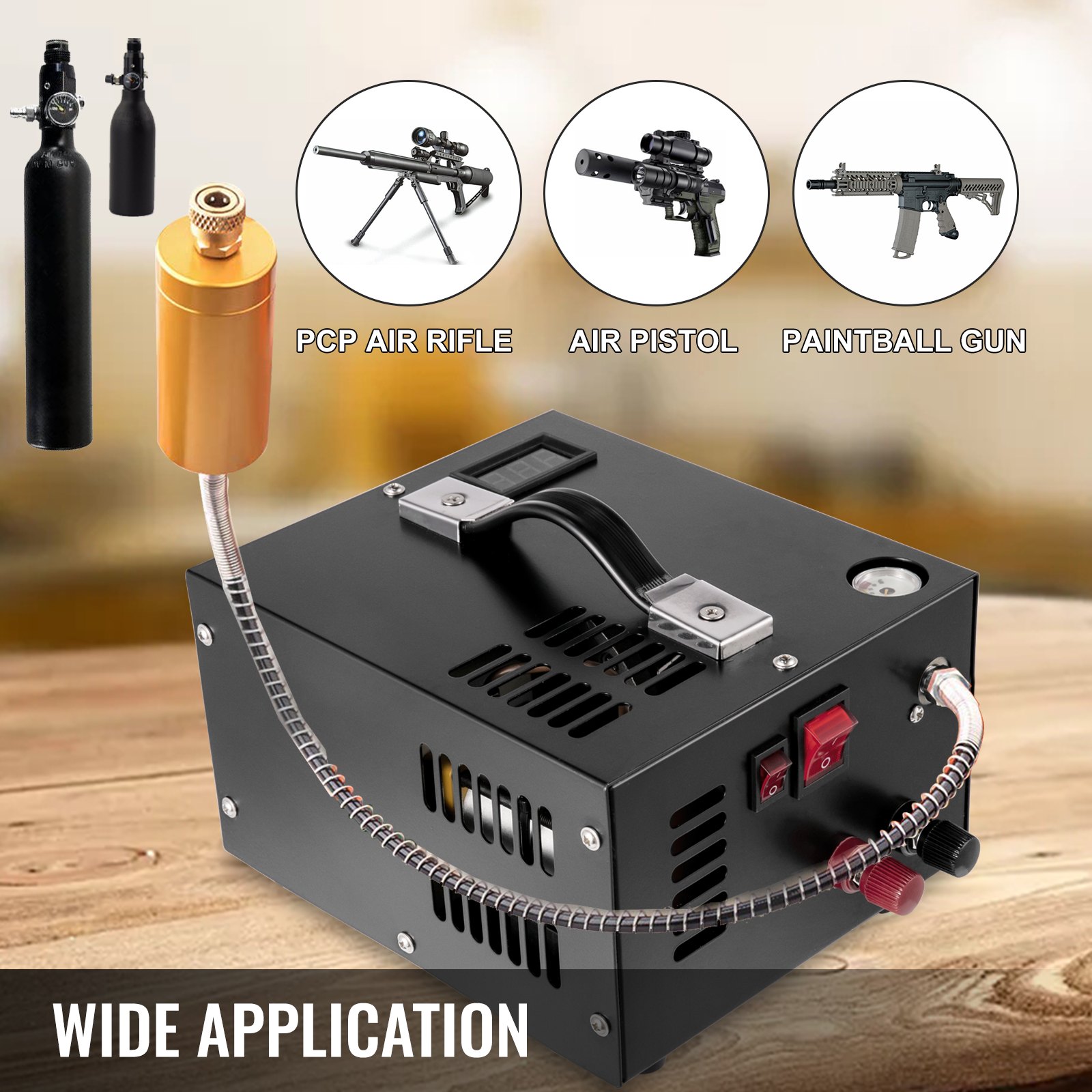 Compresor de aire PCP VEVOR con accesorios para rifles de aire comprimido, pistolas de aire comprimido y pistolas de paintball.