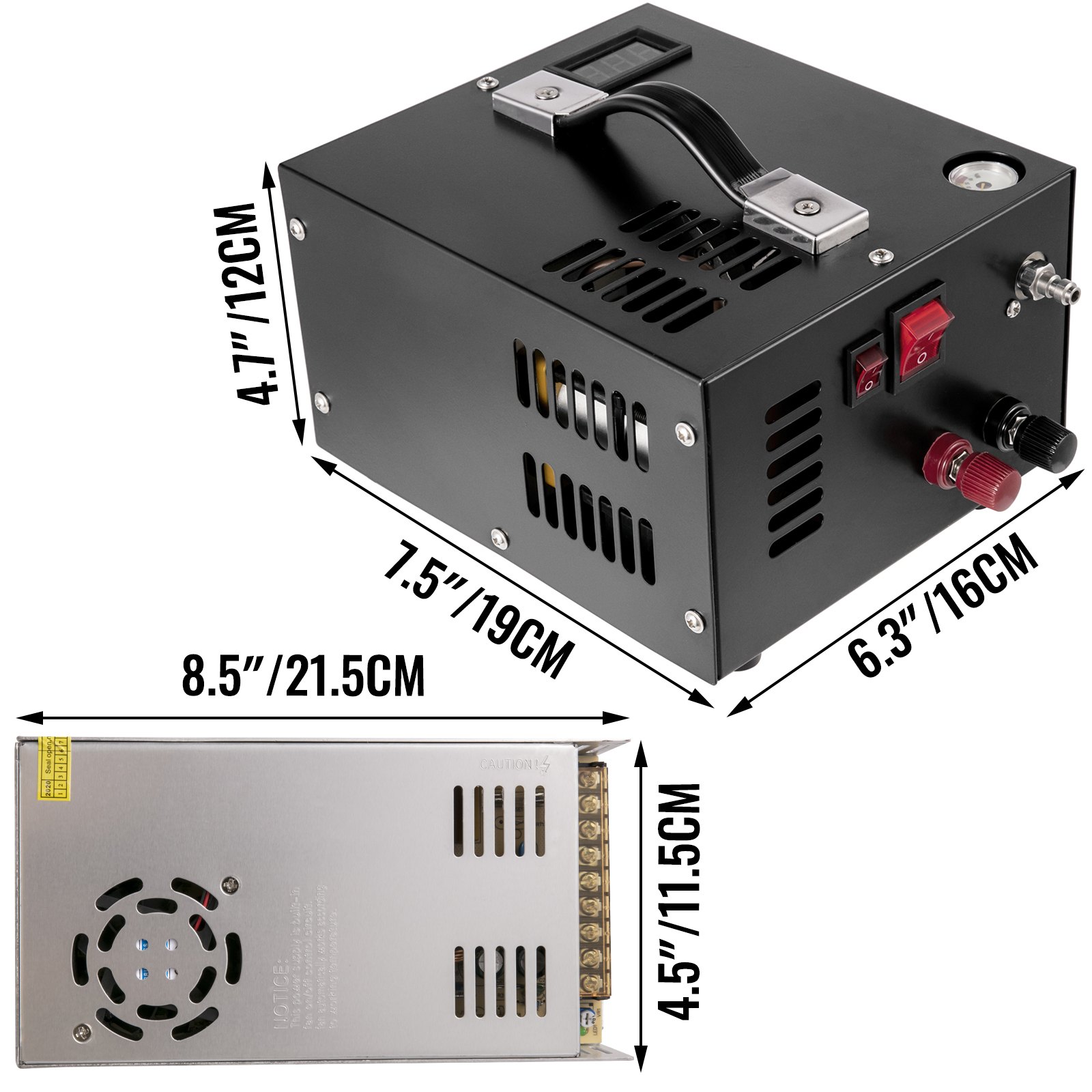Compresor de aire PCP VEVOR compacto con dimensiones de 7,5&quot; x 6,3&quot; x 4,7&quot;.
