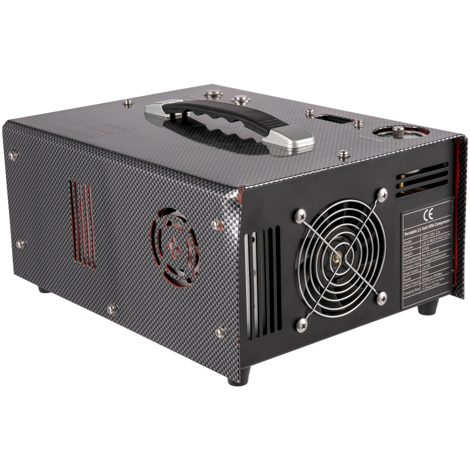 Compresor de aire PCP VEVOR con carcasa de fibra de carbono y ventilador de refrigeración.