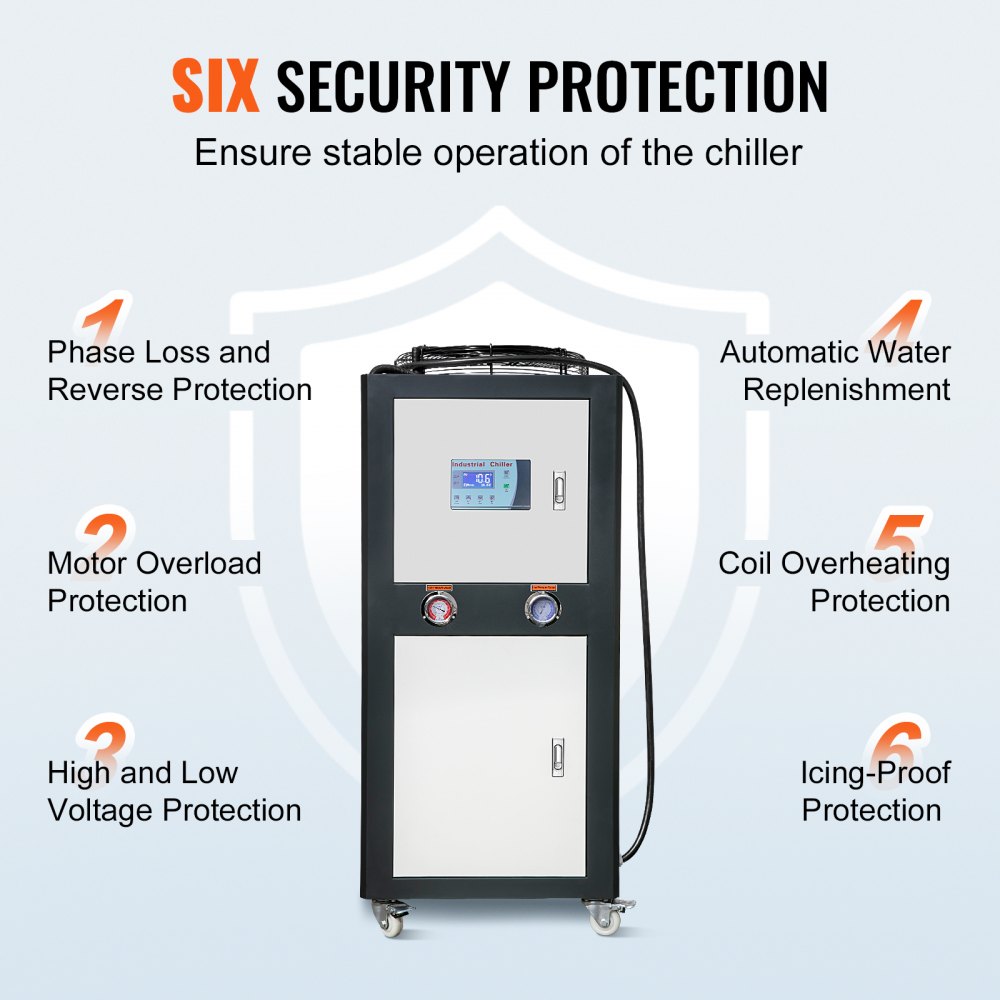 Enfriador de agua industrial VEVOR, 6 HP, 16 galones, enfriador de agua industrial refrigerado por aire, capacidad de enfriamiento de 15 100 kcal/h con condensador de aletas, control por microcomputadora, tanque de agua de 60 L para enfriamiento.