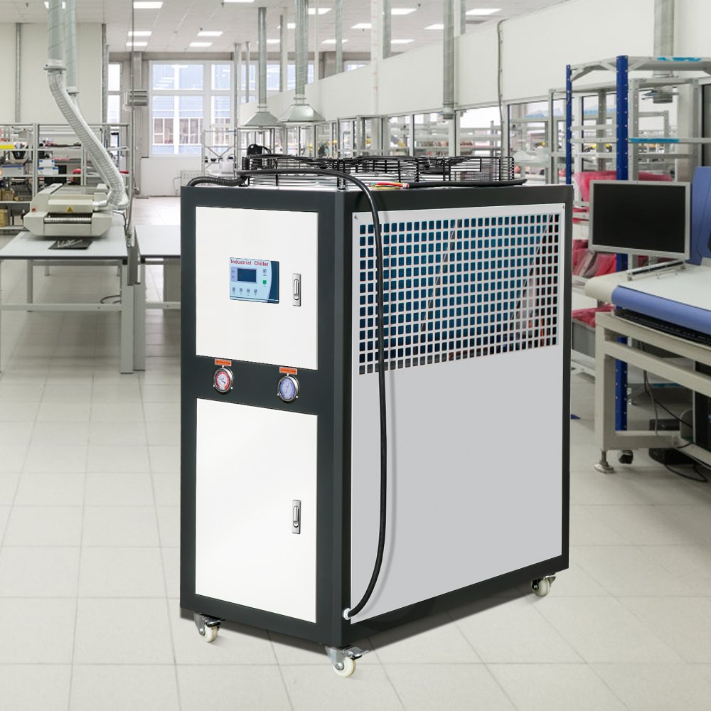 Enfriador de agua industrial VEVOR, 6 HP, 16 galones, enfriador de agua industrial refrigerado por aire, capacidad de enfriamiento de 15 100 kcal/h con condensador de aletas, control por microcomputadora, tanque de agua de 60 L para enfriamiento.