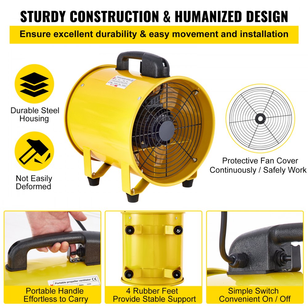 VEVOR Ventilador de uso general 12 pulgadas 550 W 1471 y 2295 Cfm Ventilador de alta velocidad con manguera de conducto de 16 pies/5 m ventilador de