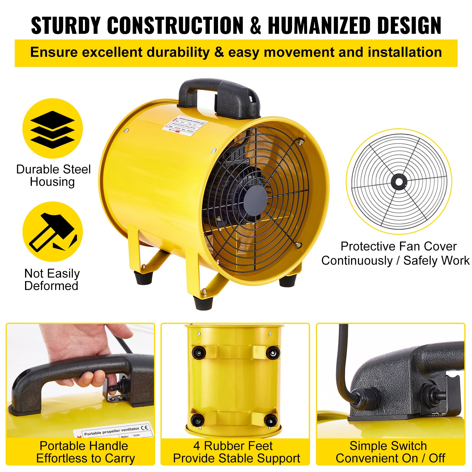 VEVOR Ventilador de uso general 12 pulgadas 550 W 1471 y 2295 Cfm Ventilador de alta velocidad con manguera de conducto de 16 pies/5 m ventilador de