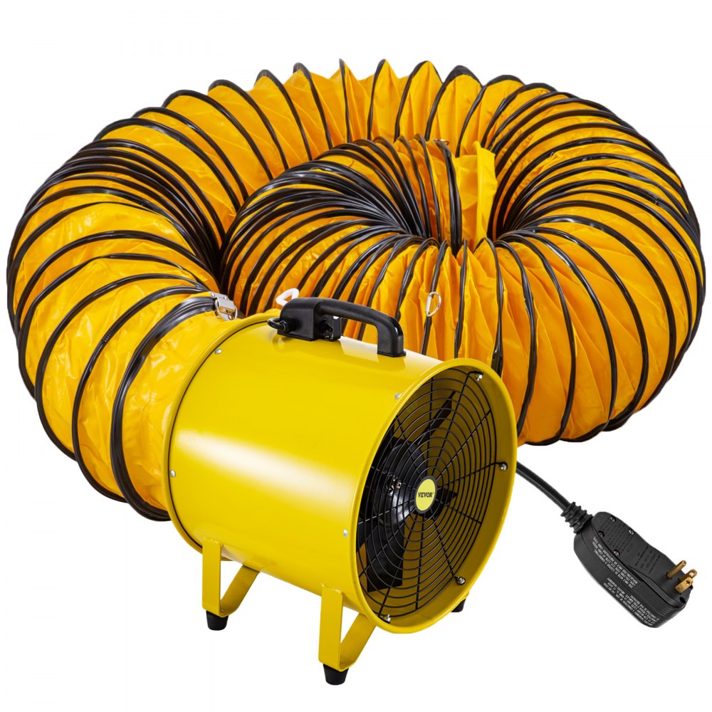 Ventilador utilitario VEVOR amarillo con manguera de conducto flexible y cable de alimentación.