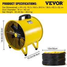 VEVOR Ventilador utilitario, 16 pulgadas, 1100 W 2160 y 3178 CFM ventilador de alta velocidad con manguera de conducto de 32,8 pies/10 m, ventilador de ventilación portátil, extractor de humos para escape y ventilación en el hogar y el lugar de trabajo