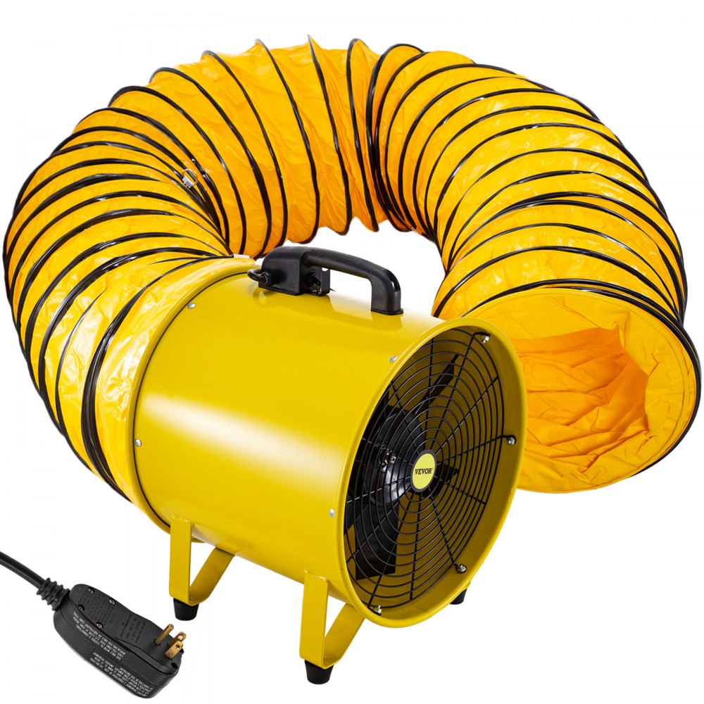 Ventilador utilitario VEVOR amarillo con manguera de conducto extendida amarilla y cable de alimentación.