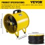 Ventilador utilitario VEVOR, amarillo, diámetro de ventilador de 20,5 pulgadas, diámetro de conducto de 12 pulgadas, especificaciones mostradas.