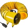 Ventilador utilitario VEVOR amarillo con manguera de conducto extendida amarilla y cable de alimentación.