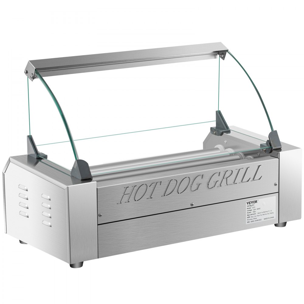 VEVOR Rodillo para perritos calientes, 12 capacidad para perritos calientes, 5 rodillos, máquina calentadora de acero inoxidable de 750 W con tapa y control de temperatura dual, luz LED y bandeja de goteo desmontable, parrilla para salchichas para cantina de cocina