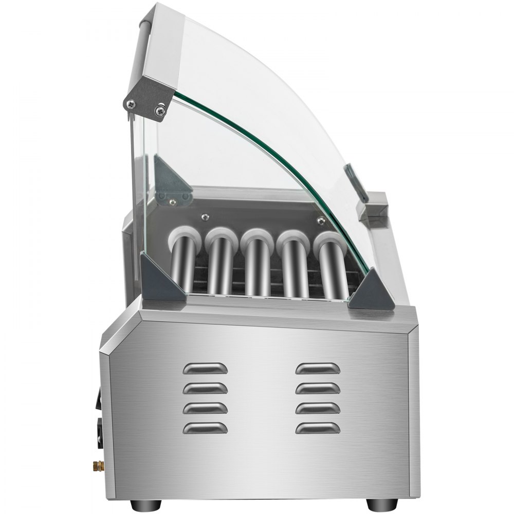 VEVOR Rodillo para perritos calientes, 12 capacidad para perritos calientes, 5 rodillos, máquina calentadora de acero inoxidable de 750 W con tapa y control de temperatura dual, luz LED y bandeja de goteo desmontable, parrilla para salchichas para cantina de cocina