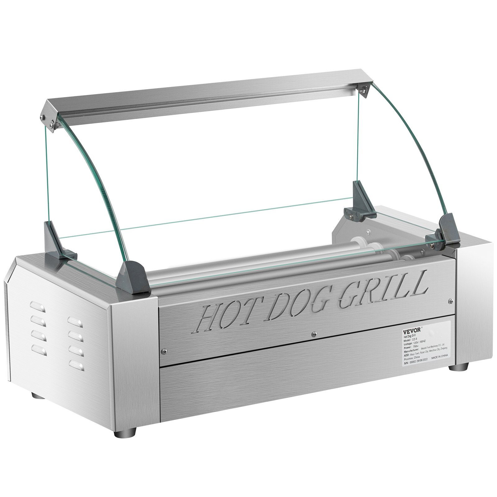 VEVOR Rodillo para perritos calientes, 12 capacidad para perritos calientes, 5 rodillos, máquina calentadora de acero inoxidable de 750 W con tapa y control de temperatura dual, luz LED y bandeja de goteo desmontable, parrilla para salchichas para cantina de cocina