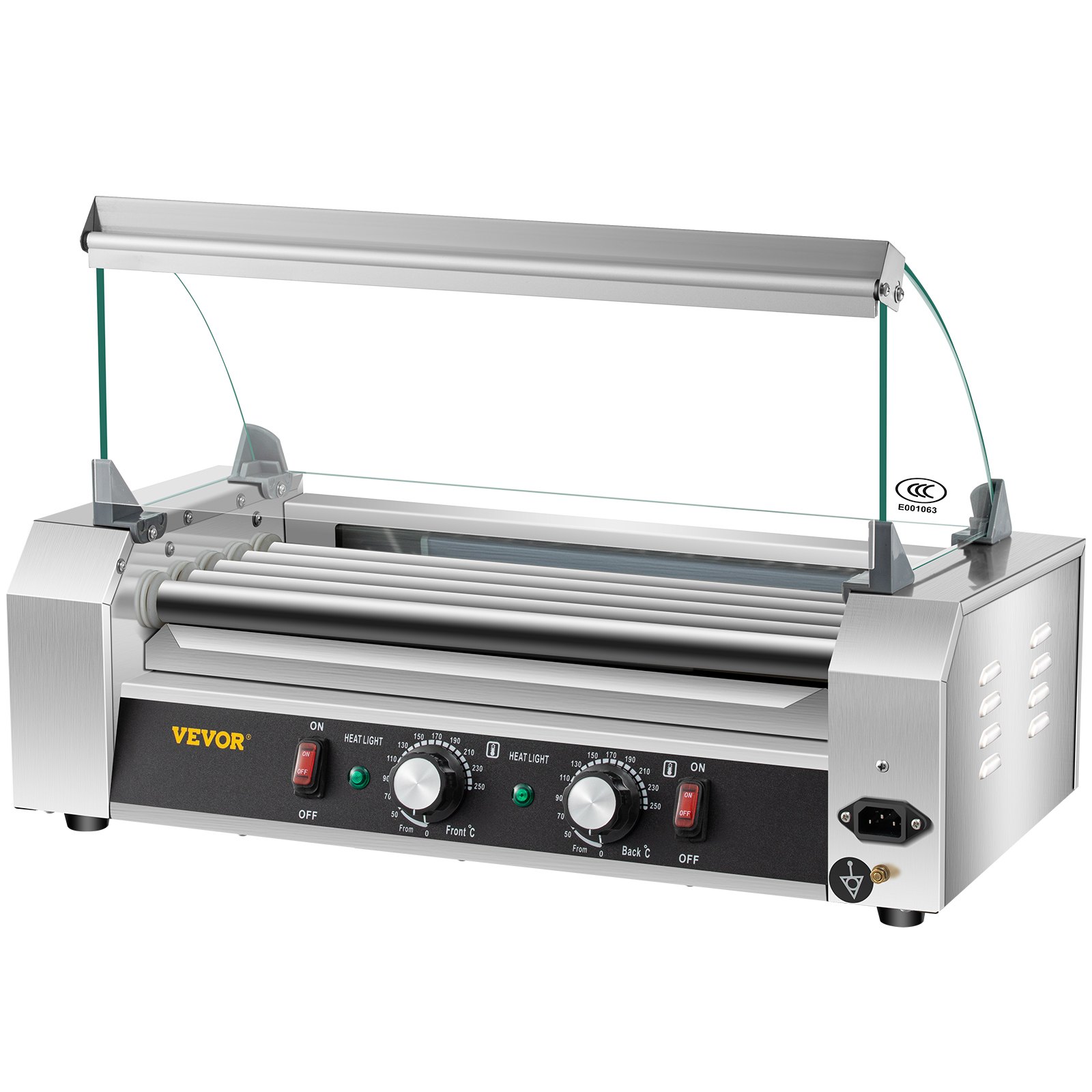VEVOR Rodillo para perritos calientes, 12 capacidad para perritos calientes, 5 rodillos, máquina calentadora de acero inoxidable de 750 W con tapa y control de temperatura dual, luz LED y bandeja de goteo desmontable, parrilla para salchichas para cantina de cocina