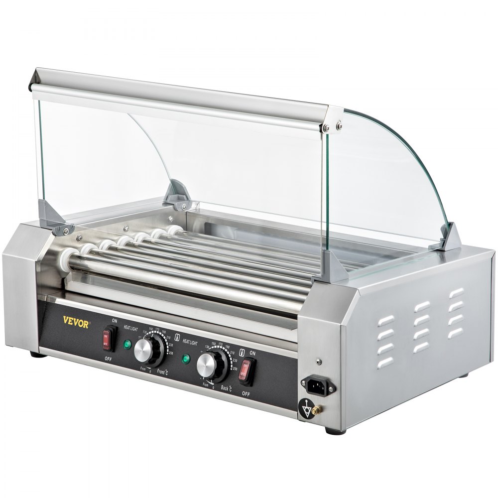 VEVOR Rodillo para perritos calientes, 18 capacidad para perritos calientes, 7 rodillos, máquina calentadora de acero inoxidable de 1050 W con cubierta y control de temperatura dual, luz LED y bandeja de goteo desmontable, parrilla para salchichas para cantina de cocina