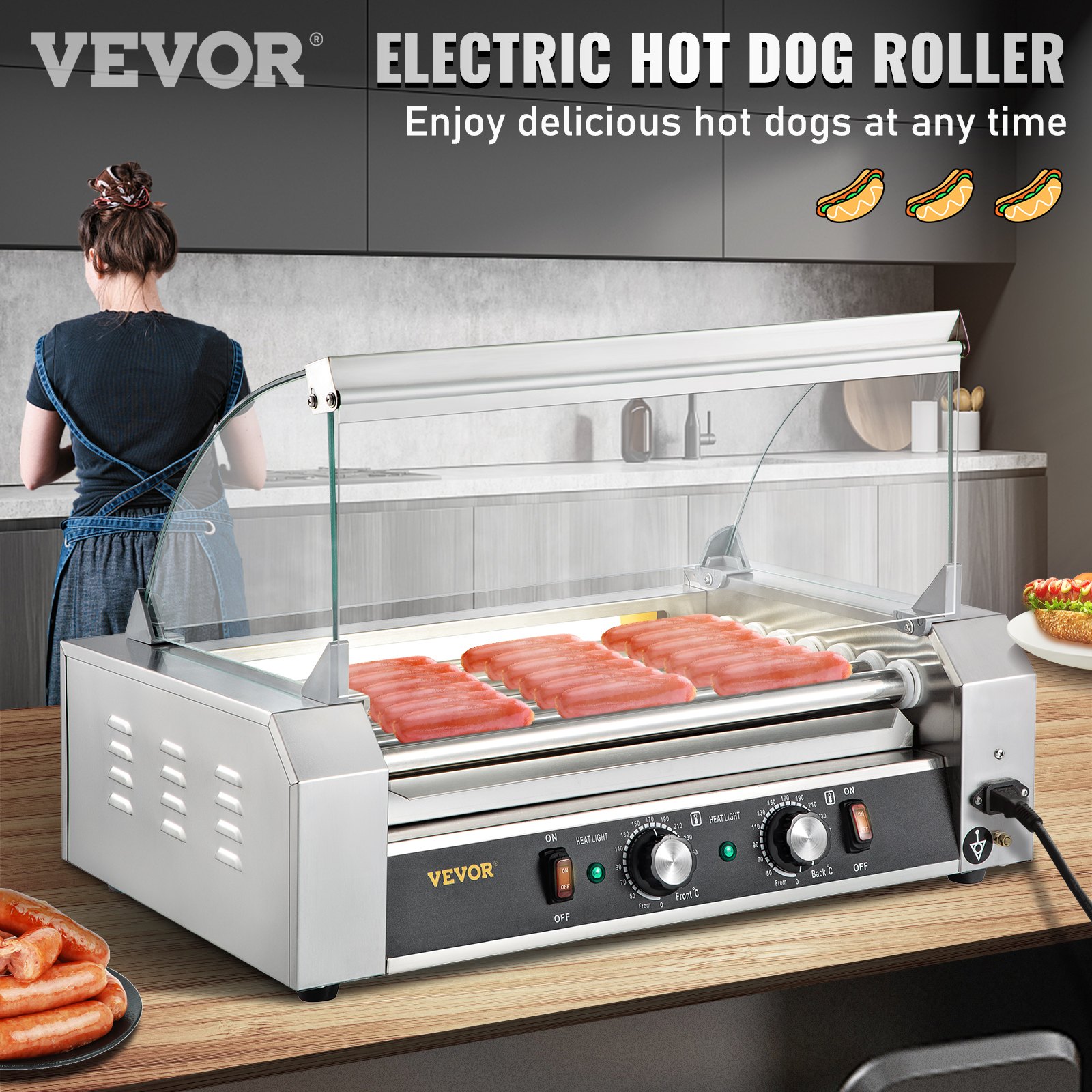 VEVOR Rodillo para perritos calientes, 18 capacidad para perritos calientes, 7 rodillos, máquina calentadora de acero inoxidable de 1050 W con cubierta y control de temperatura dual, luz LED y bandeja de goteo desmontable, parrilla para salchichas para cantina de cocina