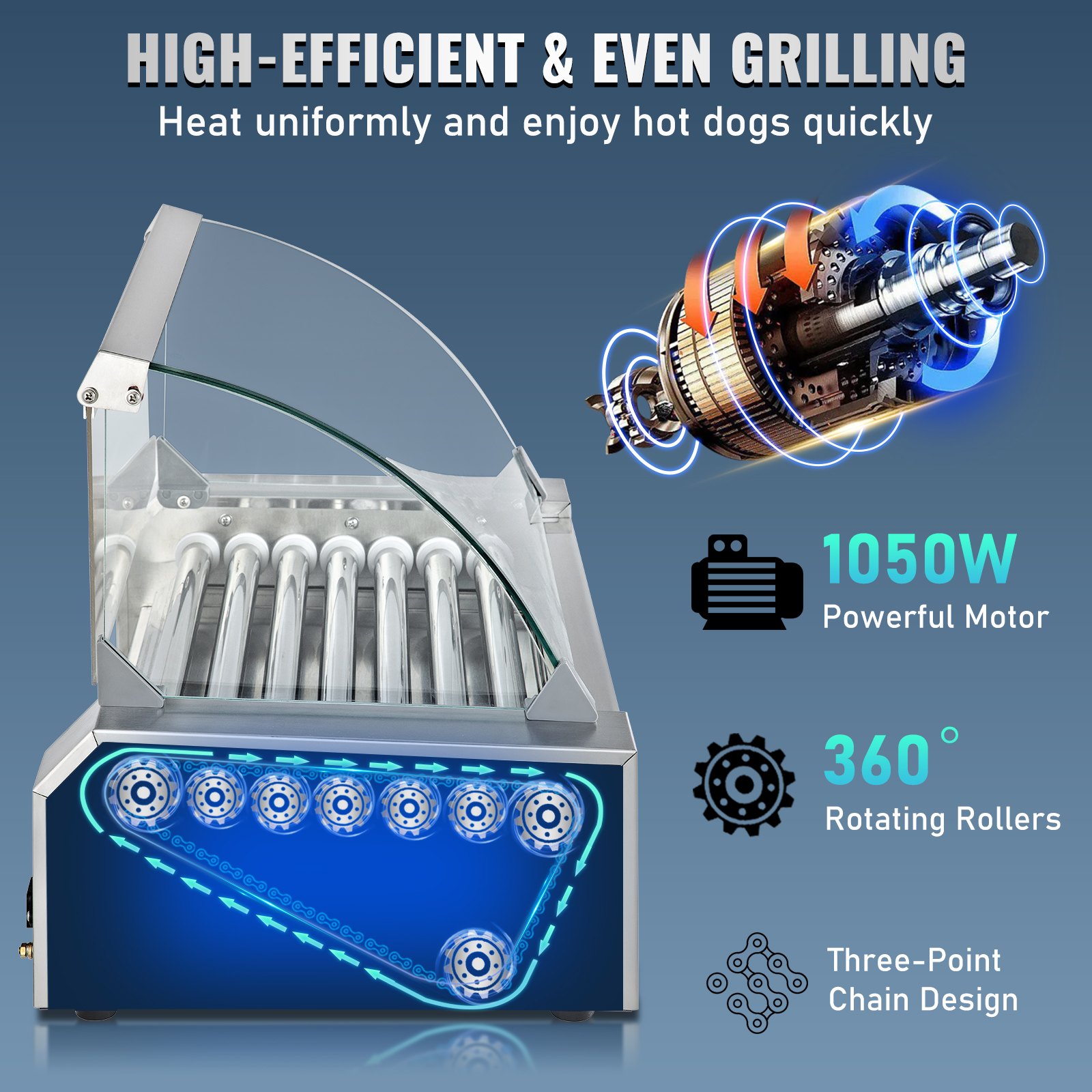 VEVOR Rodillo para perritos calientes, 18 capacidad para perritos calientes, 7 rodillos, máquina calentadora de acero inoxidable de 1050 W con cubierta y control de temperatura dual, luz LED y bandeja de goteo desmontable, parrilla para salchichas para cantina de cocina