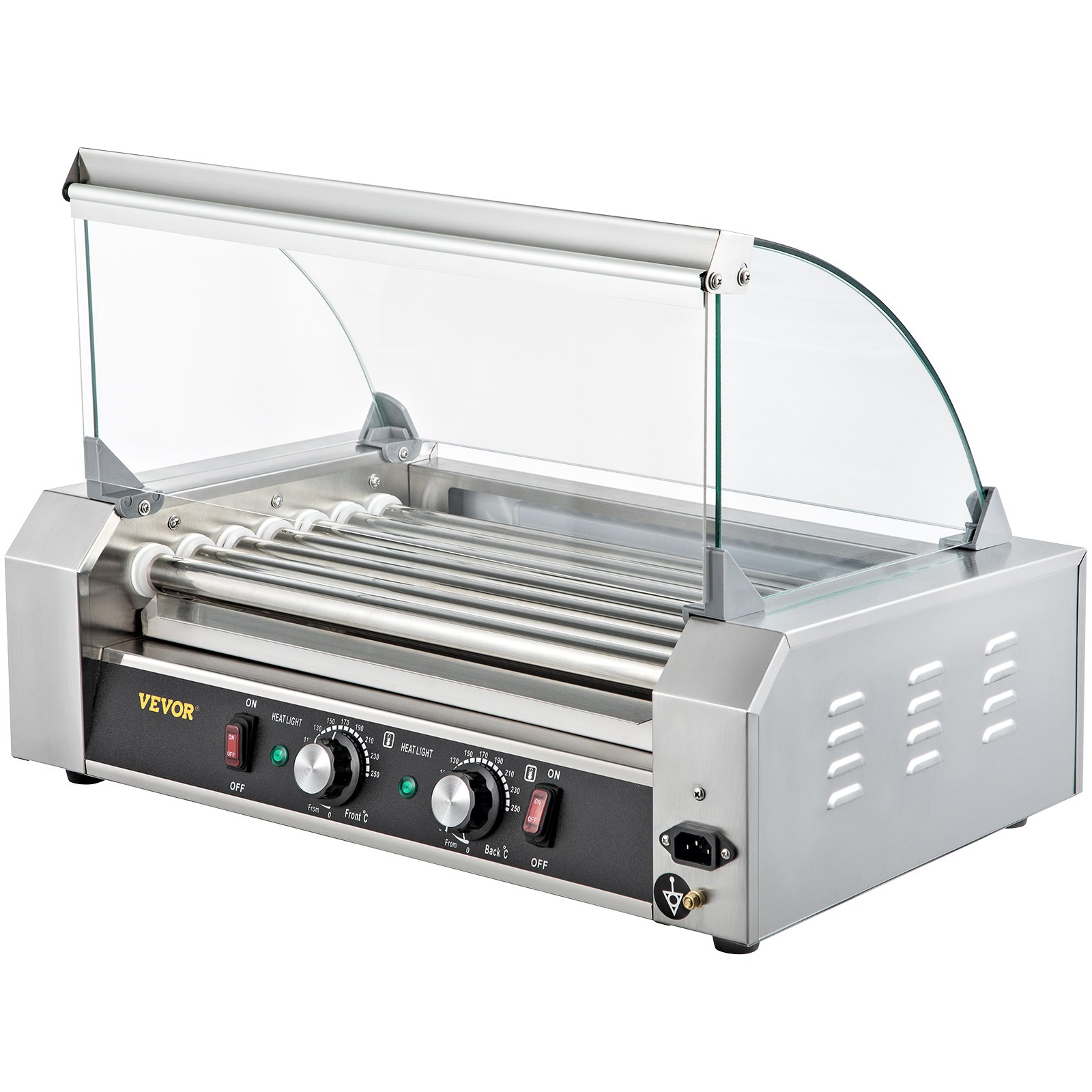 VEVOR Rodillo para perritos calientes, 18 capacidad para perritos calientes, 7 rodillos, máquina calentadora de acero inoxidable de 1050 W con cubierta y control de temperatura dual, luz LED y bandeja de goteo desmontable, parrilla para salchichas para cantina de cocina