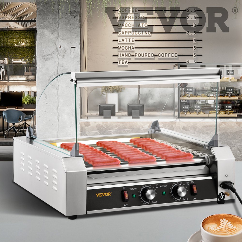 VEVOR Rodillo para perritos calientes, capacidad para 30 perritos calientes, 11 rodillos, máquina calentadora de acero inoxidable de 1800 W con tapa y control de temperatura dual, luz LED y bandeja de goteo desmontable, parrilla para salchichas para cocina Cante
