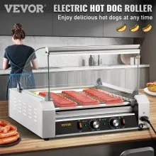 VEVOR Rodillo para perritos calientes, 30 rodillos de capacidad para perritos calientes, 1800 W, máquina calentadora de acero inoxidable con cubierta y control de temperatura dual, luz LED y bandeja de goteo desmontable, parrilla para salchichas para cantina de cocina