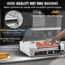 VEVOR Rodillo para perritos calientes, 30 rodillos de capacidad para perritos calientes, 1800 W, máquina calentadora de acero inoxidable con cubierta y control de temperatura dual, luz LED y bandeja de goteo desmontable, parrilla para salchichas para cantina de cocina