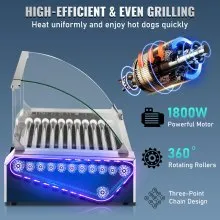 VEVOR Rodillo para perritos calientes, 30 rodillos de capacidad para perritos calientes, 1800 W, máquina calentadora de acero inoxidable con cubierta y control de temperatura dual, luz LED y bandeja de goteo desmontable, parrilla para salchichas para cantina de cocina