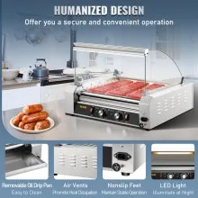 VEVOR Rodillo para perritos calientes, 30 rodillos de capacidad para perritos calientes, 1800 W, máquina calentadora de acero inoxidable con cubierta y control de temperatura dual, luz LED y bandeja de goteo desmontable, parrilla para salchichas para cantina de cocina