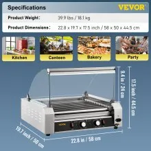 VEVOR Rodillo para perritos calientes, 30 rodillos de capacidad para perritos calientes, 1800 W, máquina calentadora de acero inoxidable con cubierta y control de temperatura dual, luz LED y bandeja de goteo desmontable, parrilla para salchichas para cantina de cocina