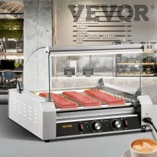 VEVOR Rodillo para perritos calientes, 30 rodillos de capacidad para perritos calientes, 1800 W, máquina calentadora de acero inoxidable con cubierta y control de temperatura dual, luz LED y bandeja de goteo desmontable, parrilla para salchichas para cantina de cocina