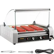 VEVOR Rodillo para perritos calientes, 30 rodillos de capacidad para perritos calientes, 1800 W, máquina calentadora de acero inoxidable con cubierta y control de temperatura dual, luz LED y bandeja de goteo desmontable, parrilla para salchichas para cantina de cocina