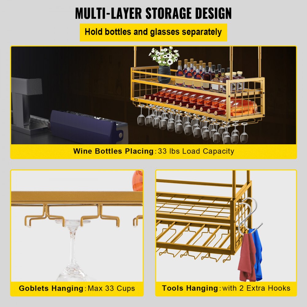 VEVOR Estante para copas de vino de techo, estante para copas de vino colgante de 46.9 x 11.8 pulgadas, gabinete para colgar copas de vino de altura ajustable de 18.9-35.8 pulgadas, estante para copas de vino montado en la pared dorado perfecto para bar cafetería cocina